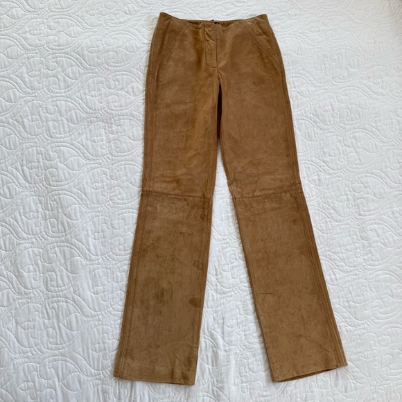 INC International Concepts Pants - INC 100% Leather Suede Tan Flat Front Straight Leg Stitch Detail Pants WMs 2 EUC